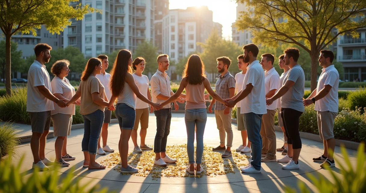 Grupo diverso de pessoas unidas em círculo em um espaço urbano verde 