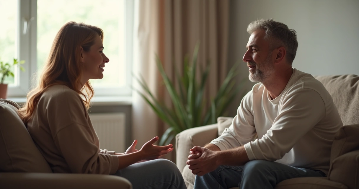 Duas pessoas sentadas frente a frente, uma oferecendo apoio com olhar empático, enquanto a outra compartilha suas emoções, cenário iluminado e acolhedor 