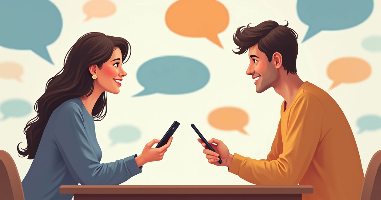 Duas pessoas sentadas frente a frente com celulares, sorrindo e trocando mensagens virtuais 