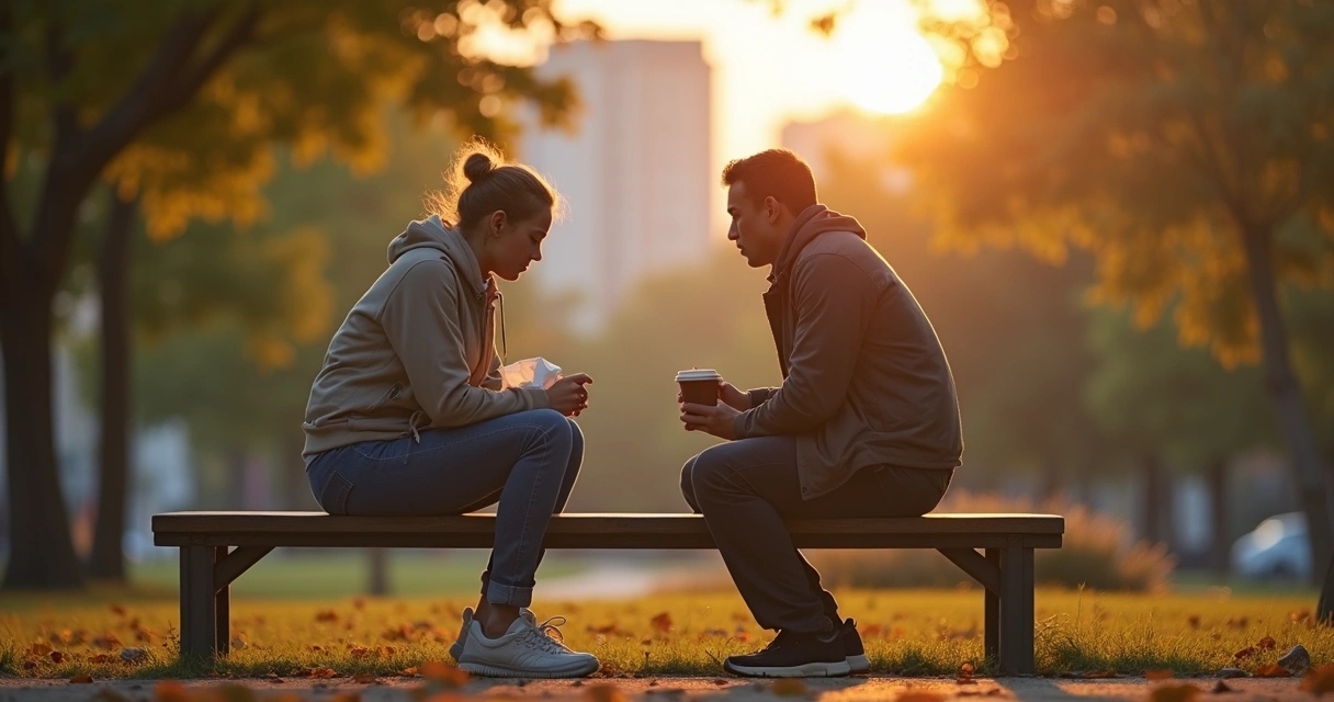 Pessoa acolhendo outra em situação difícil em ambiente urbano calmo 