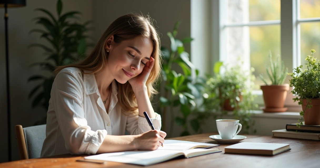 Pessoa escrevendo em diário, refletindo sobre sentimentos 