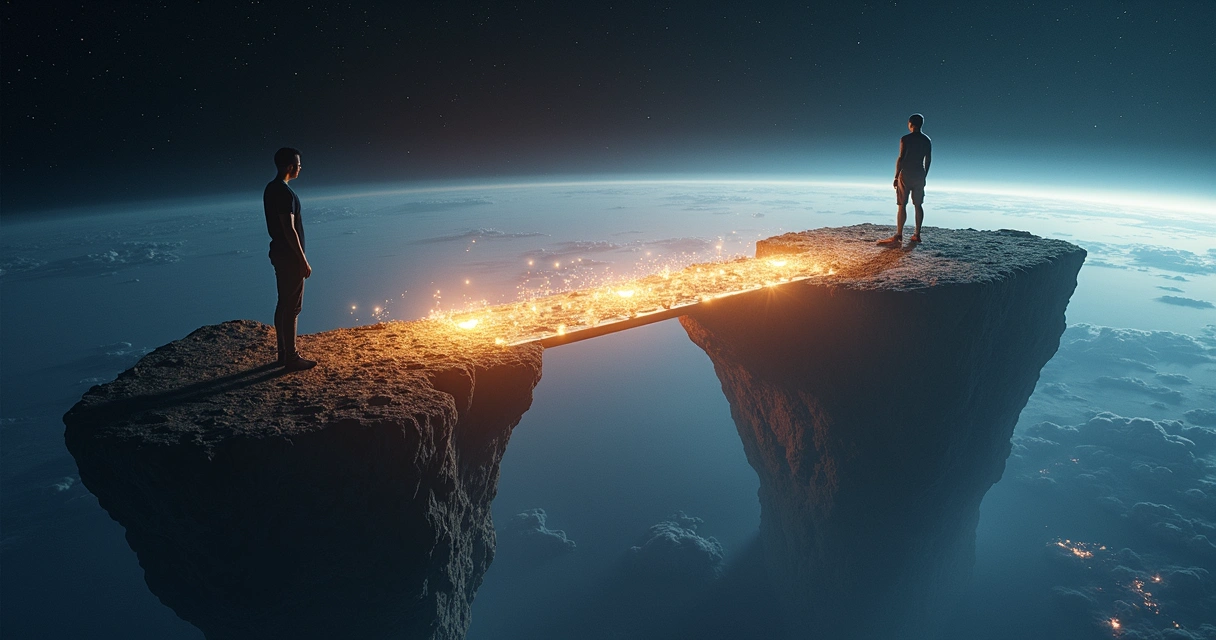 Duas pessoas em continentes diferentes unidas por uma ponte de luz sobre o planeta 