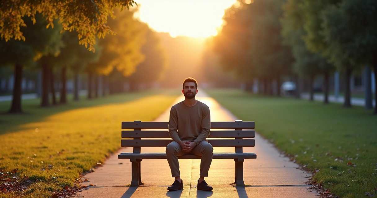 Pessoa sentada refletindo entre caminho claro de autocuidado e caminho escuro de vitimismo 