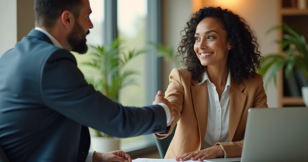 Dos personas dándose la mano en señal de acuerdo, con luz cálida de fondo 