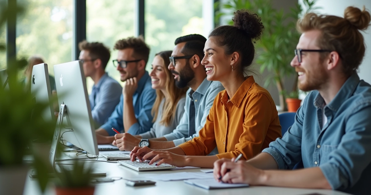 Personas en oficina trabajando juntas, diferentes expresiones emocionales