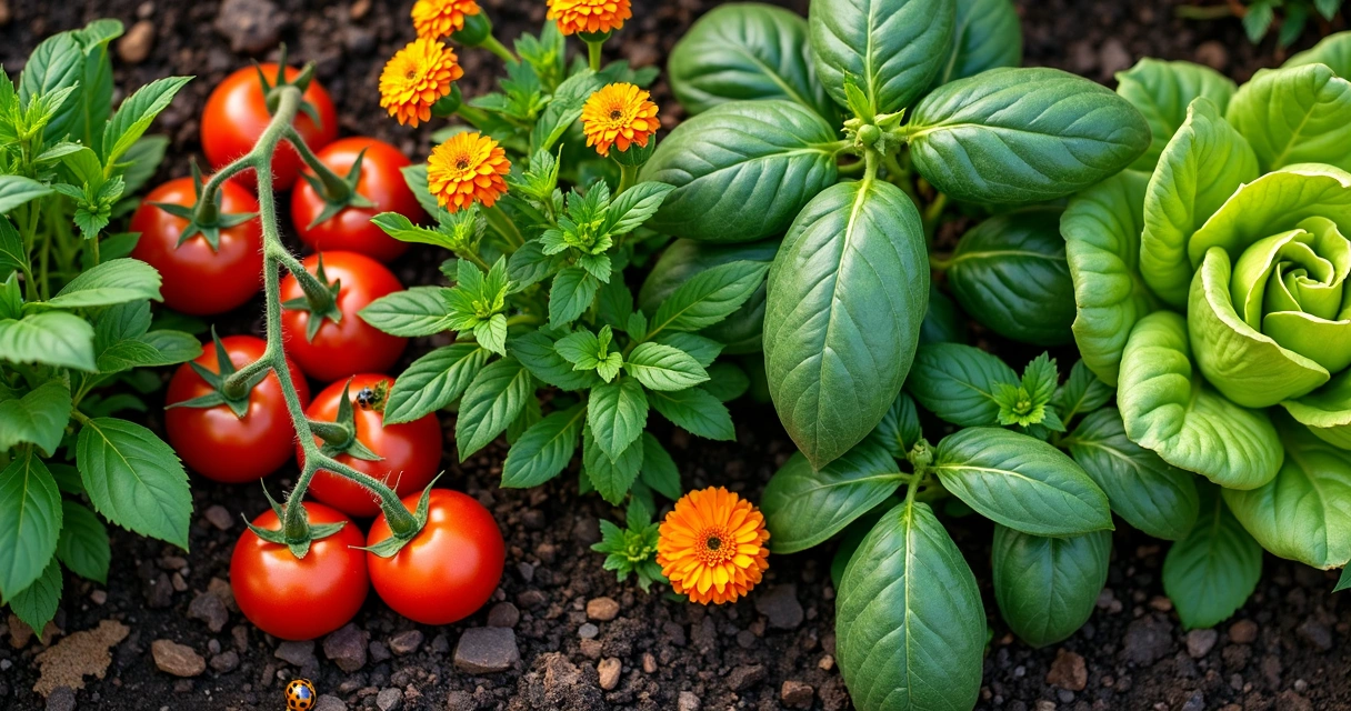 Diversas plantas companheiras crescendo juntas em horta orgânica 
