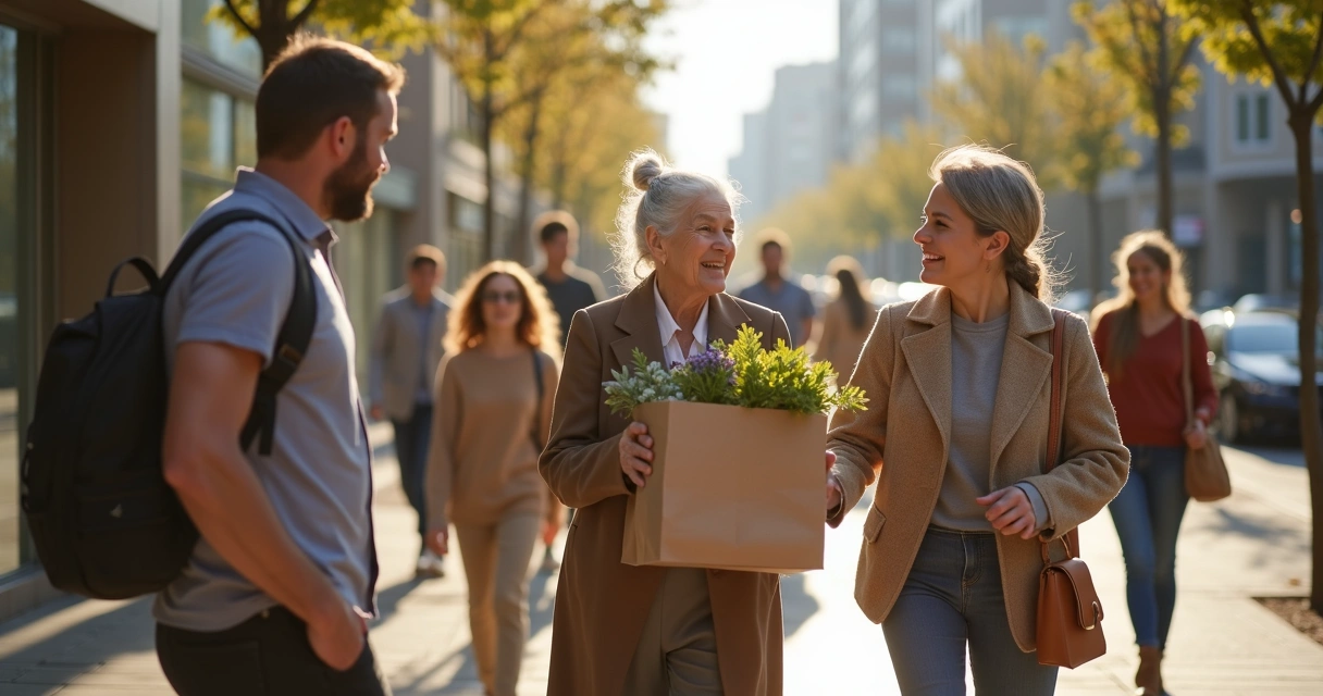 Pessoas cristãs ajudando umas às outras na rua de uma cidade 