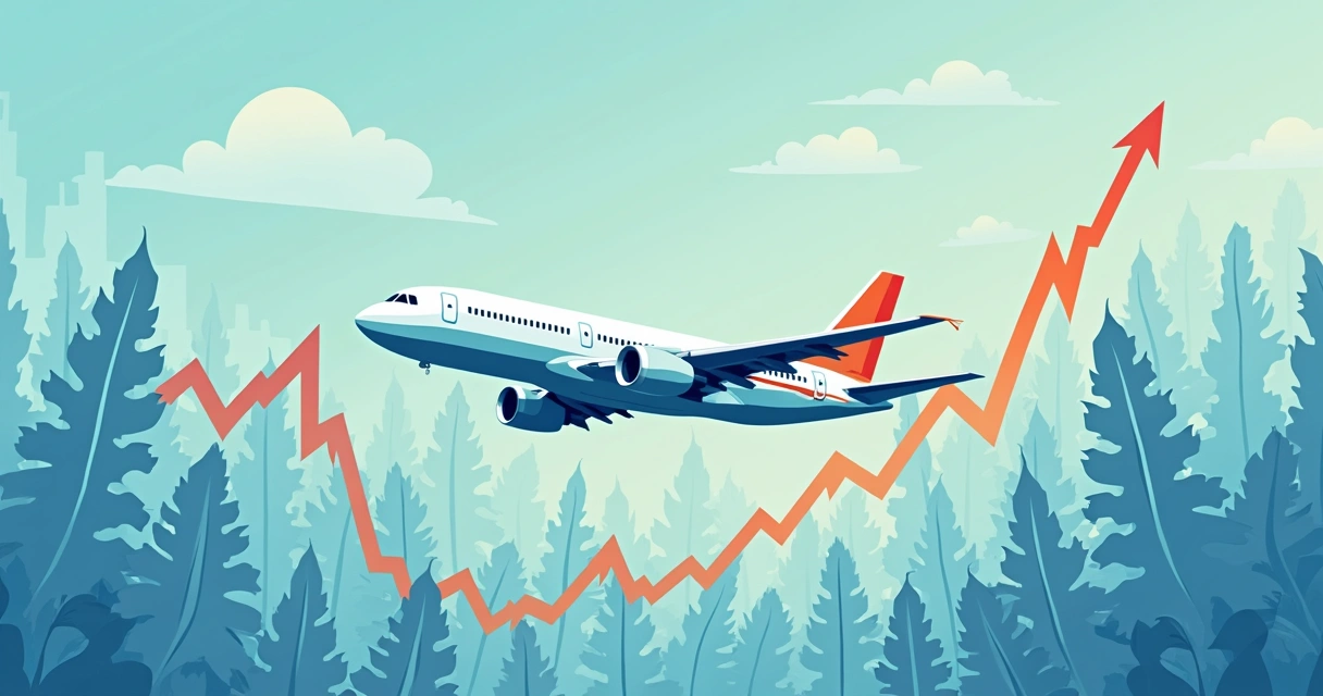 Avião, gráfico e símbolo de crescimento nos preços 