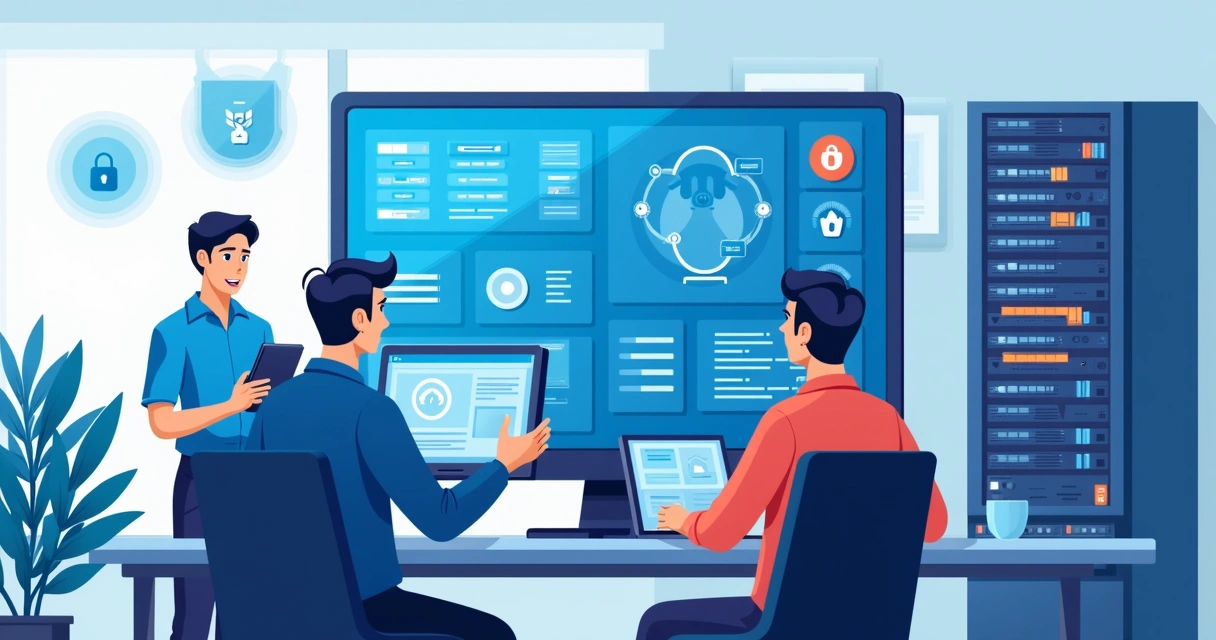 Equipe de tecnologia da informação analisando tela de segurança digital