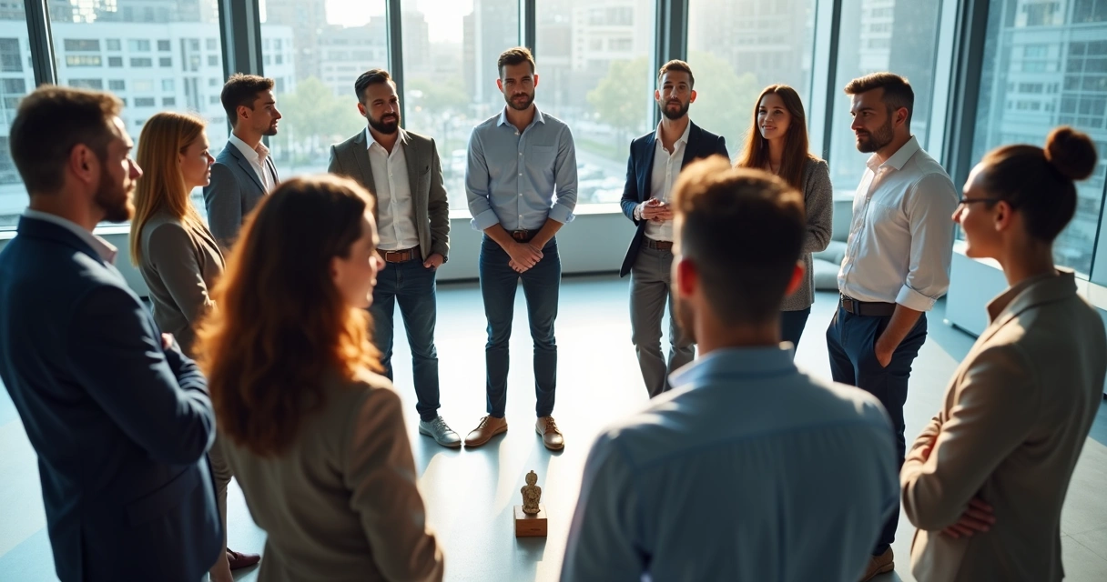 Team in business attire standing in a circle during a systemic constellation session, with symbolic objects in the center