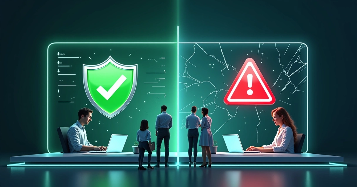 Comparação visual entre API Oficial e Não Oficial do WhatsApp com ícones de segurança, estabilidade e risco de bloqueio destacados 