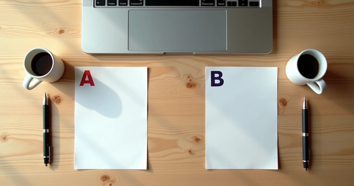 Mesa com itens duplicados marcados como A e B representando teste A/B simples 