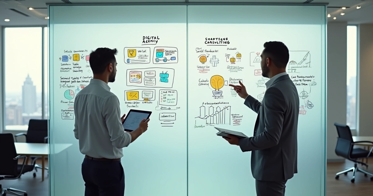 Comparação visual entre agência digital e consultoria em quadro dividido 