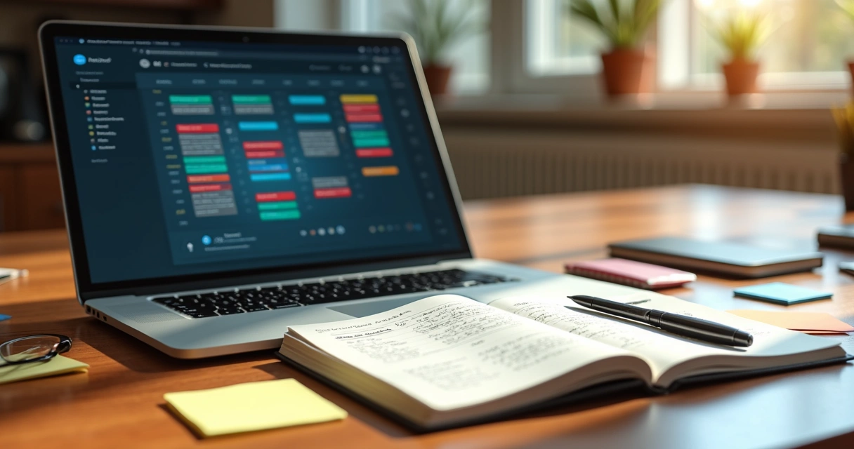 Mesa de trabalho com agenda digital exibindo compromissos ao lado de caderno aberto com anotações manuais de agendamento
