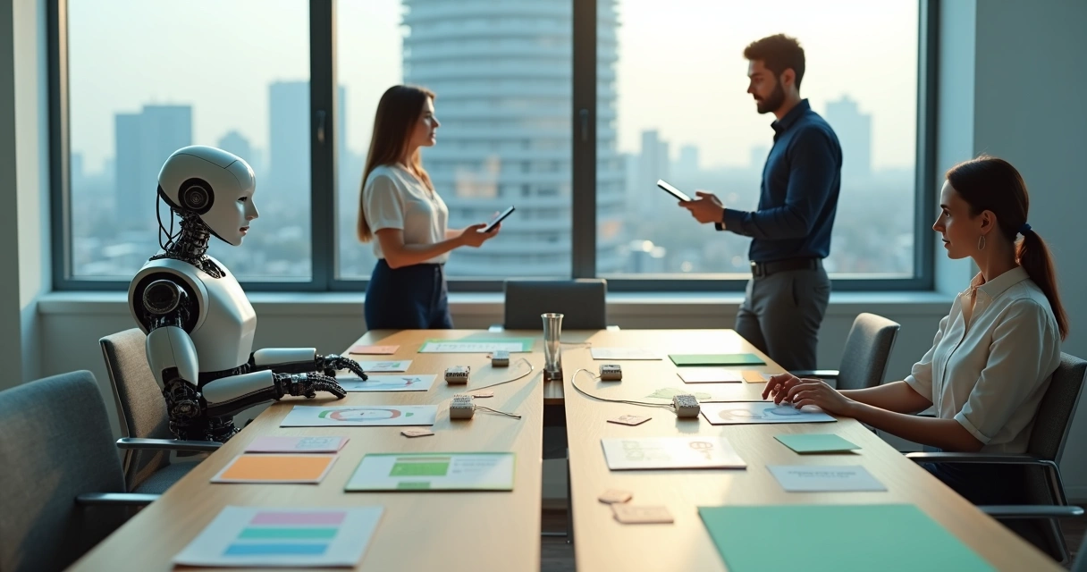 Mesa de escritório com dois robôs analisando fluxos de trabalho em cartões coloridos 