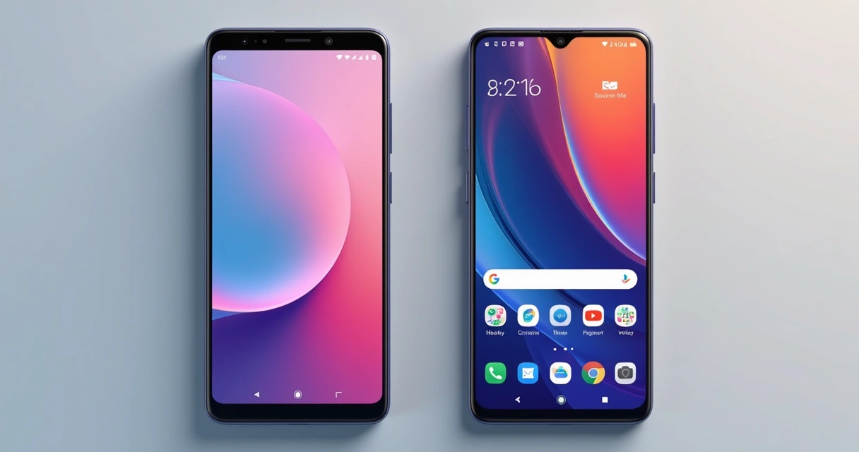 Celulares lado a lado mostrando Android puro e versão personalizada. 