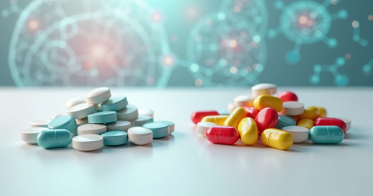 Representação visual de comprimidos coloridos divididos em duas pilhas, uma com antipsicóticos típicos e outra com atípicos, sobre mesa branca, com fundo clínico desfocado e elementos de neurologia. 