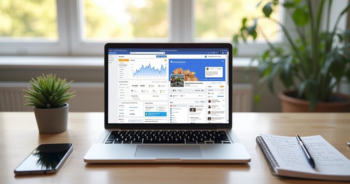 Comparação visual entre anúncios do Google e Facebook em telas de notebook sobre mesa de trabalho clara 