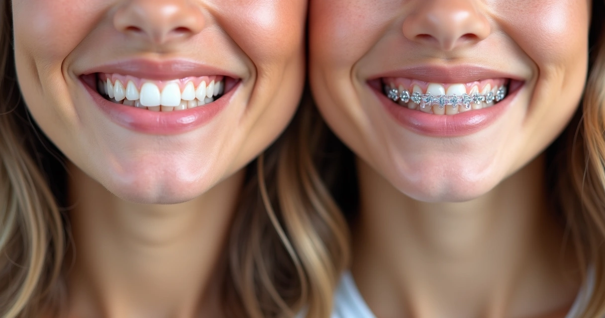 Comparação visual entre alinhador transparente e aparelho fixo nos dentes 