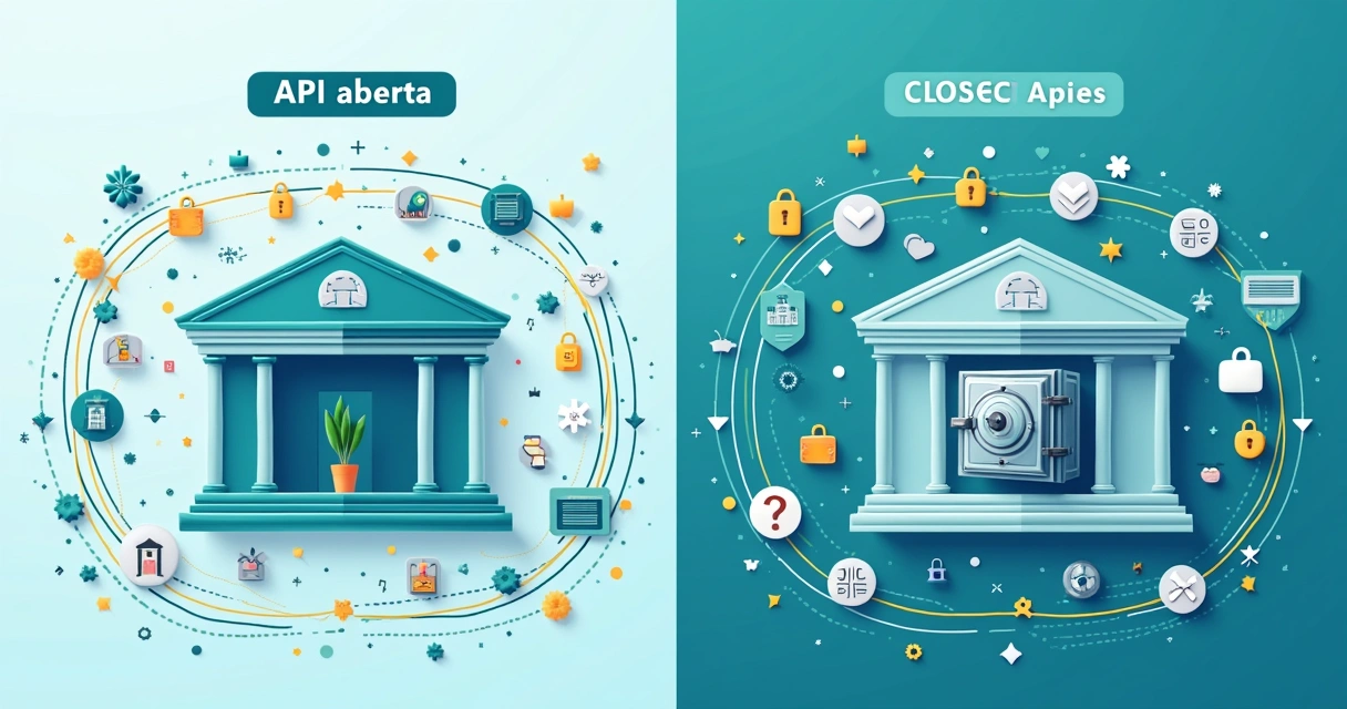 Comparação entre API bancária aberta e fechada com ilustrações de fluxo de dados 
