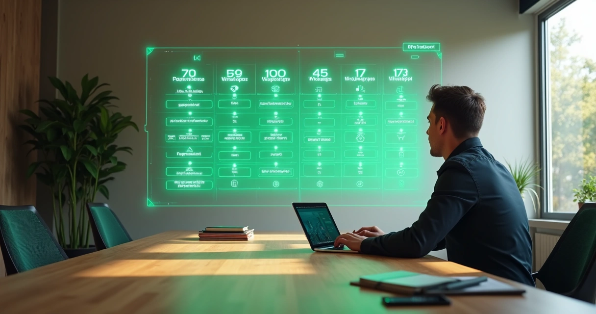 Programador em escritorio moderno analisando comparacao de APIs de WhatsApp em grande quadro digital 