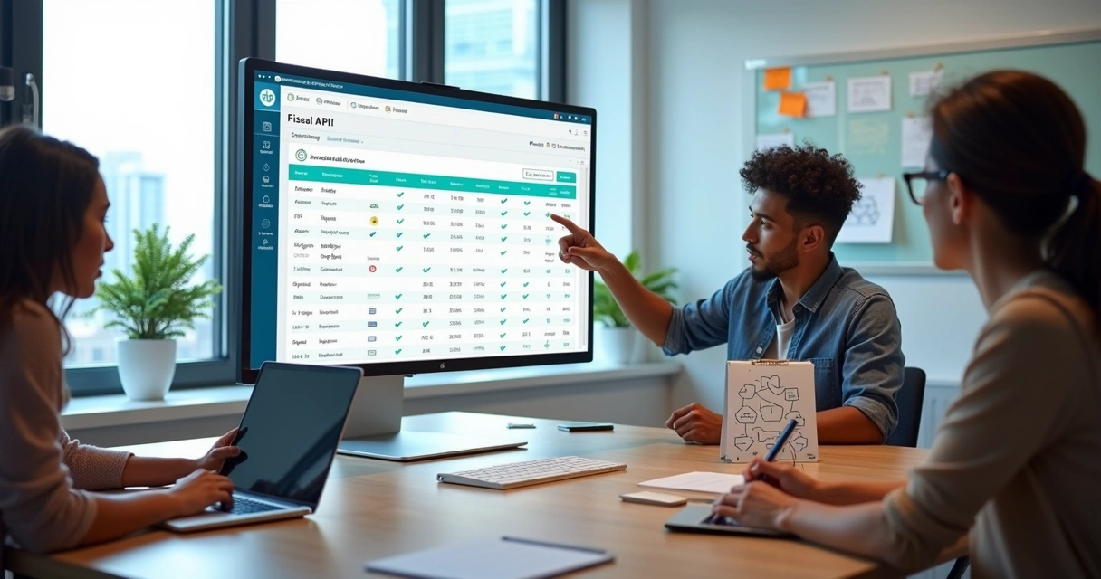 Tela de dashboard com comparação de APIs fiscais para startups em notebooks sobre mesa de escritório 