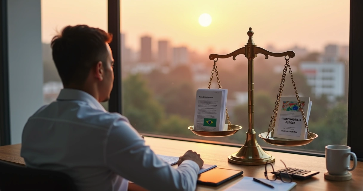 Pessoa observando balança com aposentadoria pública de um lado e privada do outro 