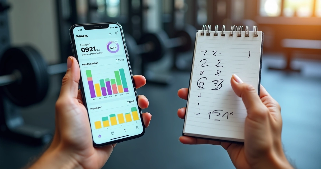 Tela dividida mostrando de um lado aplicativo de treino com gráficos e IA, de outro planilha manual de treino com anotações 
