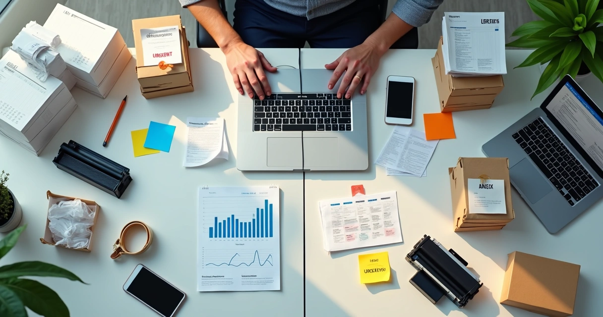 Mesa dividida comparando assinatura de suprimentos e compra avulsa de cartuchos e papel 