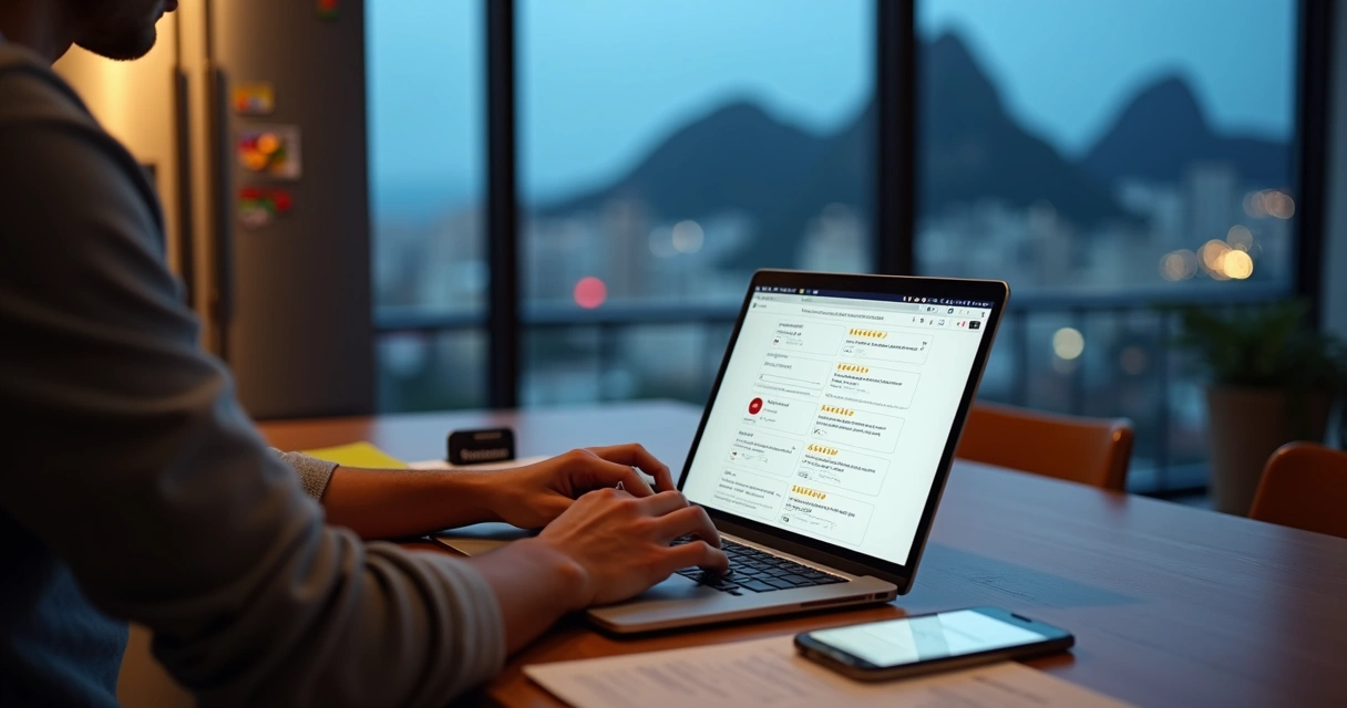 Morador do Rio comparando assistências de geladeira em notebook com fundo da cidade 