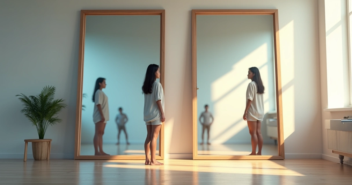 Pessoa olhando o próprio reflexo em dois espelhos, um distorcido e outro nítido 