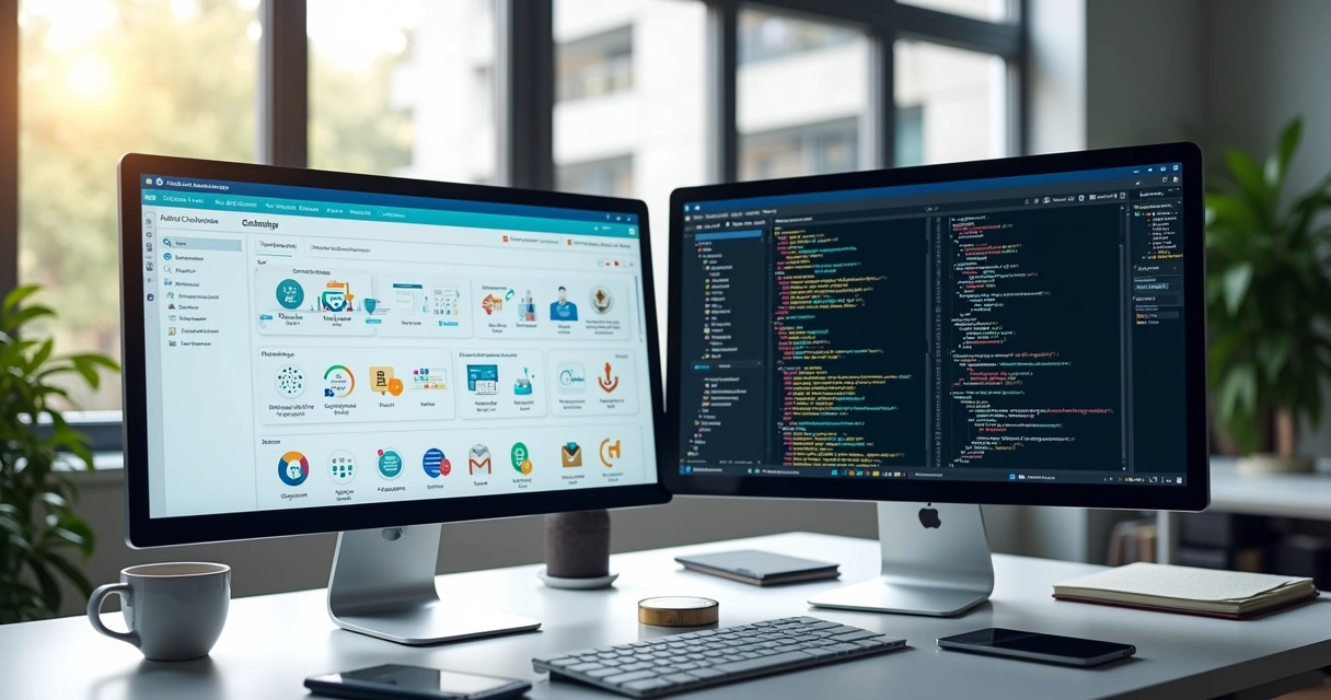 Computadores mostrando softwares de automação prontos e desenvolvimento personalizado lado a lado em ambiente corporativo moderno 