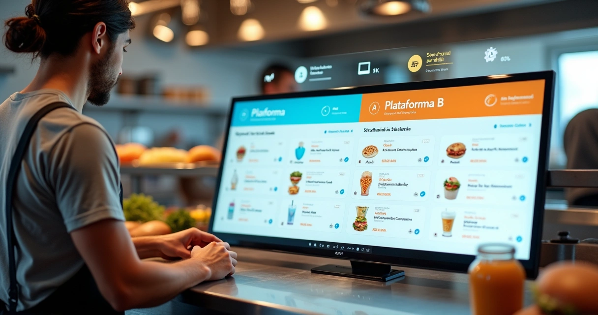 Dono de lanchonete olhando painel digital comparando duas plataformas de automação de pedidos 