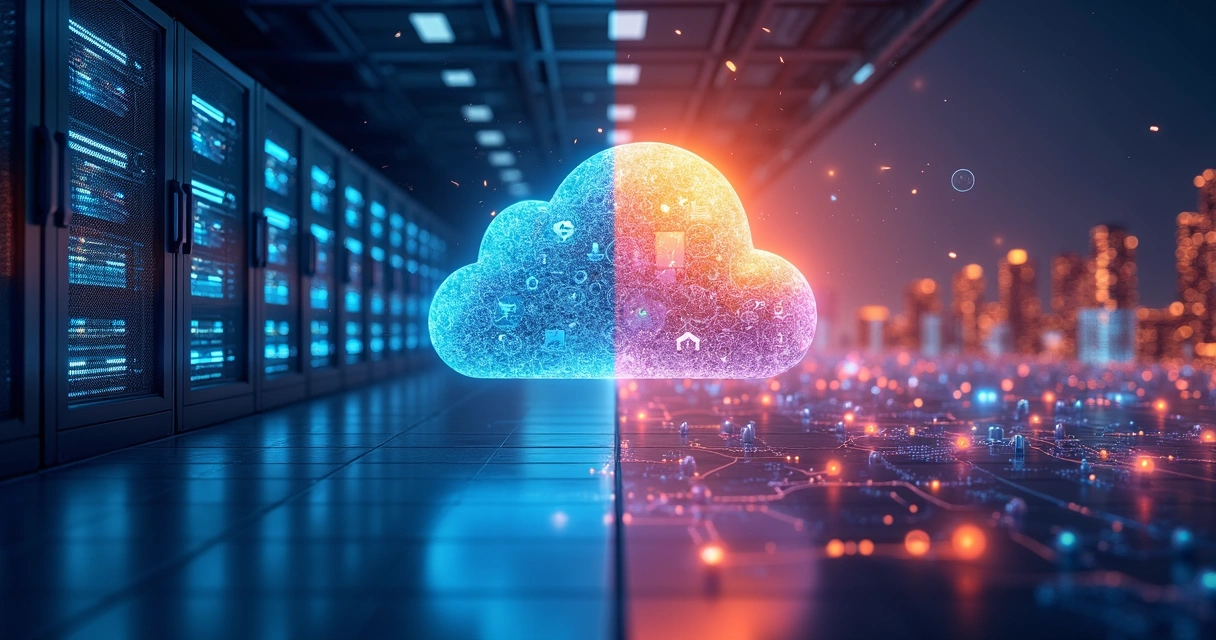 Ilustração realista dividida mostrando automação local com servidores físicos e automação na nuvem com ícones de nuvem digital 