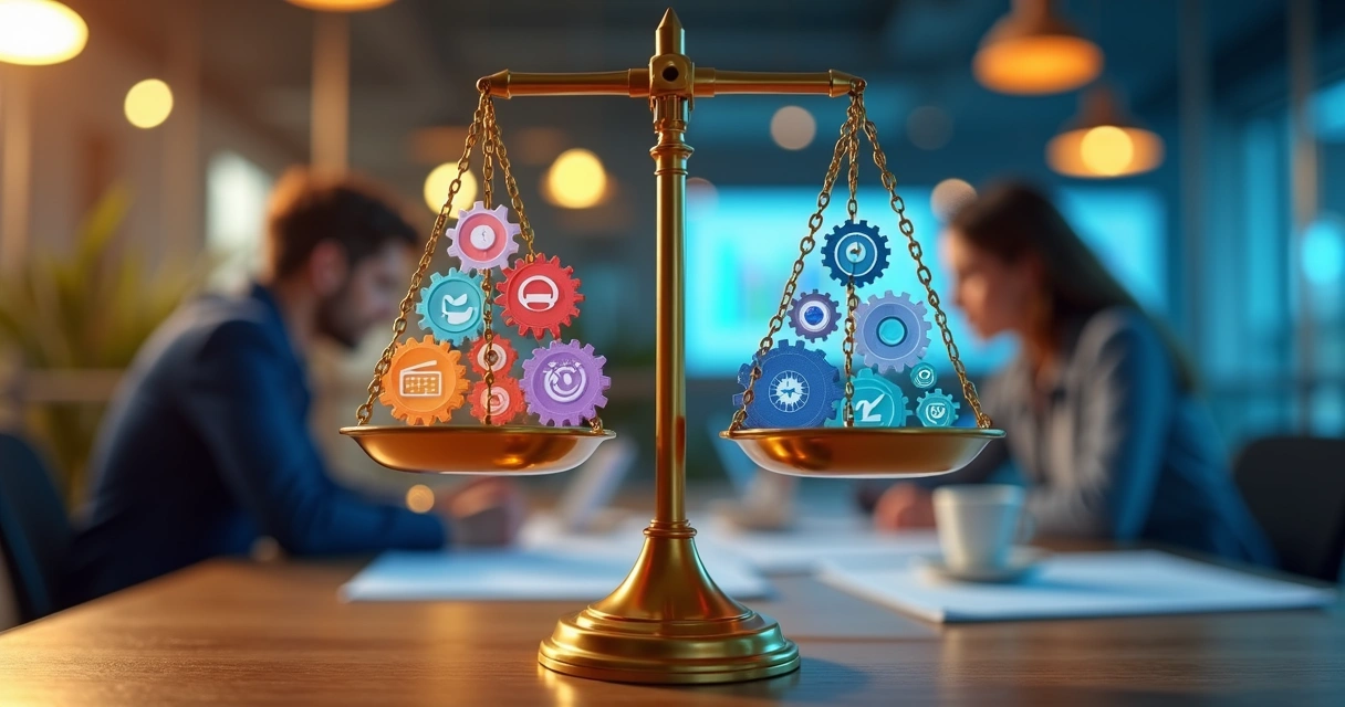 Balança comparando plataforma automática e equipe de marketing 