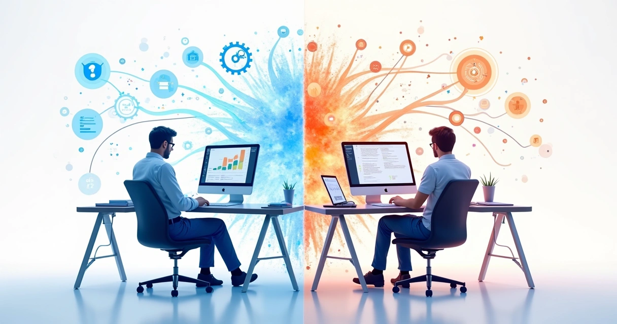 Gráfico comparativo entre AutoML e modelagem tradicional, com ícones e conexões de dados 