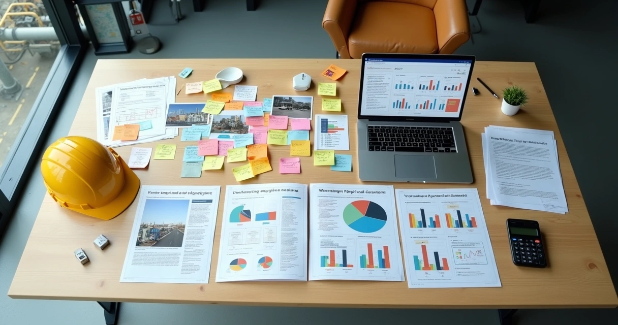 Mesa com metade cheia de notas adesivas e outra metade com gráficos coloridos de riscos 