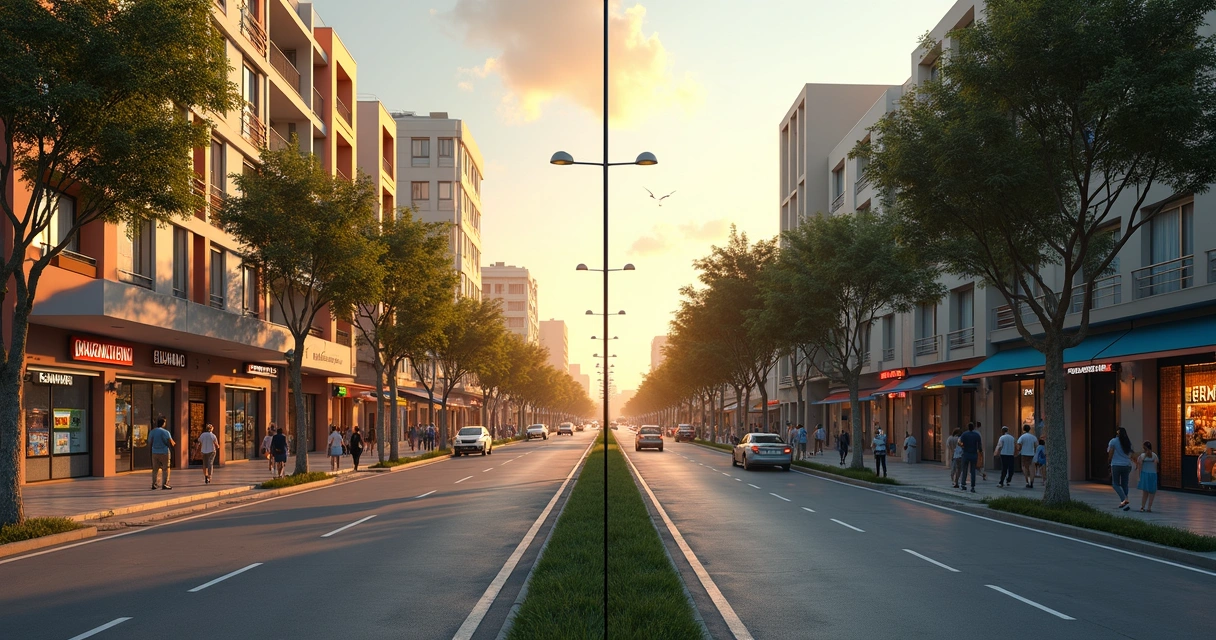 Montagem comparando rua movimentada do Eldorado e área residencial tranquila do Cabral em Contagem 