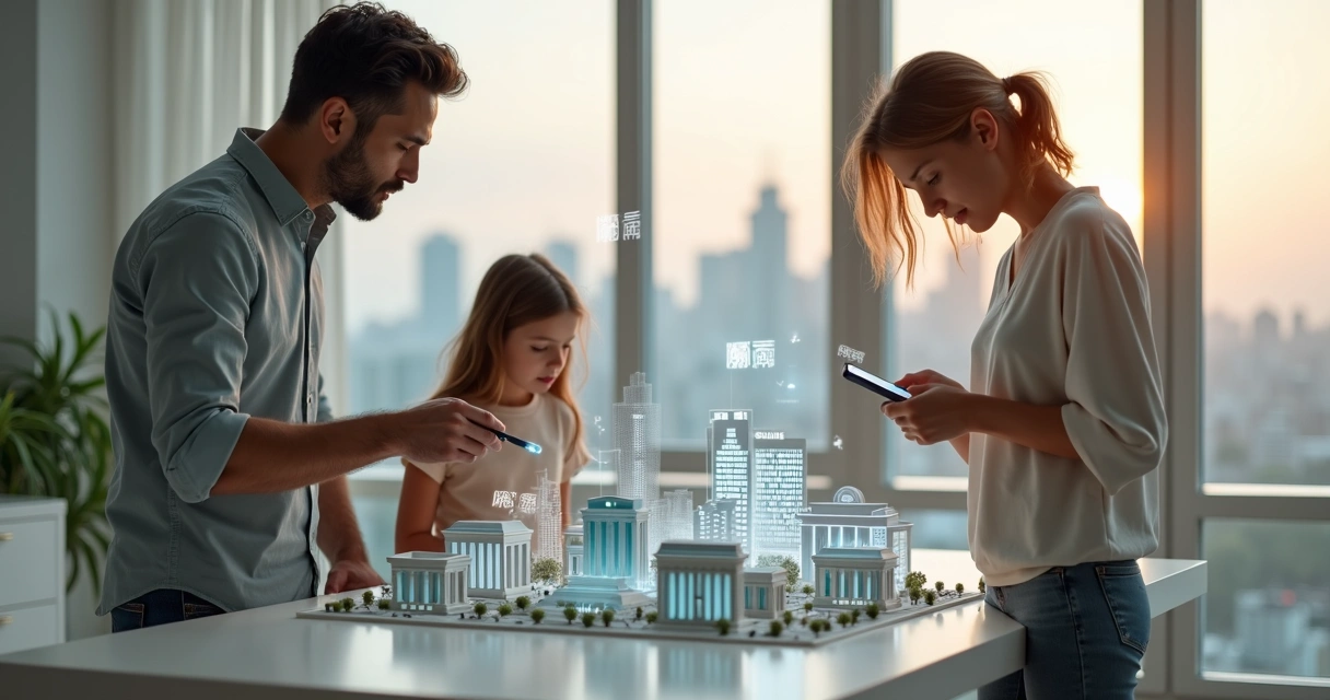 Família urbana observa maquete de cidade com bancos físicos e apps digitais projetados 