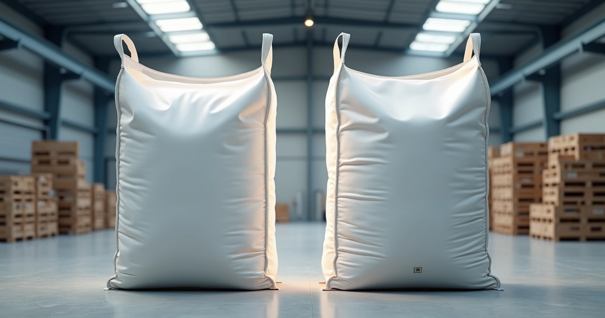 Comparação de big bag u-panel e circular vazios lado a lado em galpão limpo 
