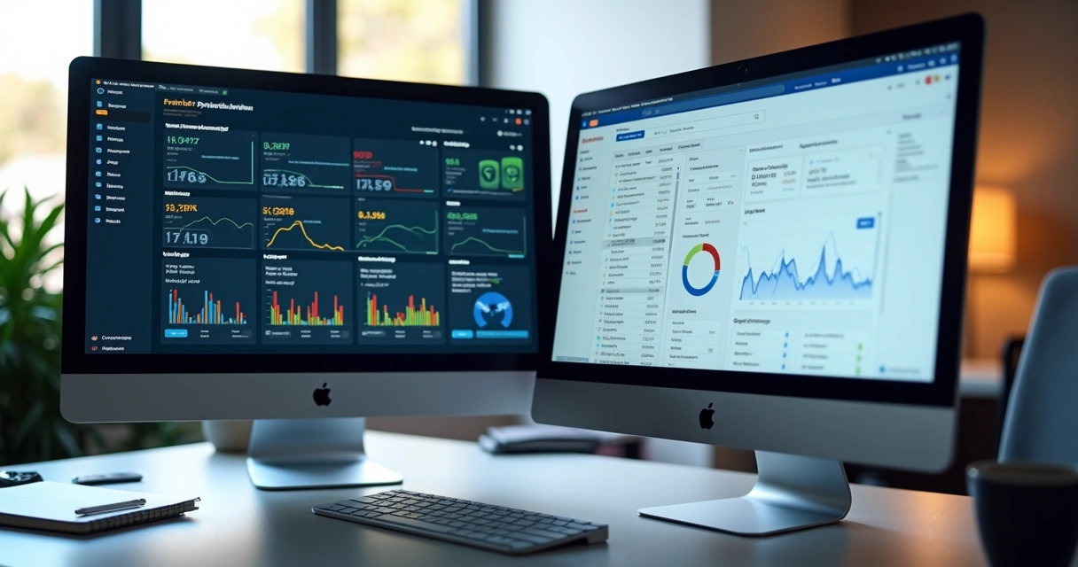 Computadores exibindo painéis de Bing Ads e Google Ads lado a lado com gráficos de desempenho e cliques coloridos 