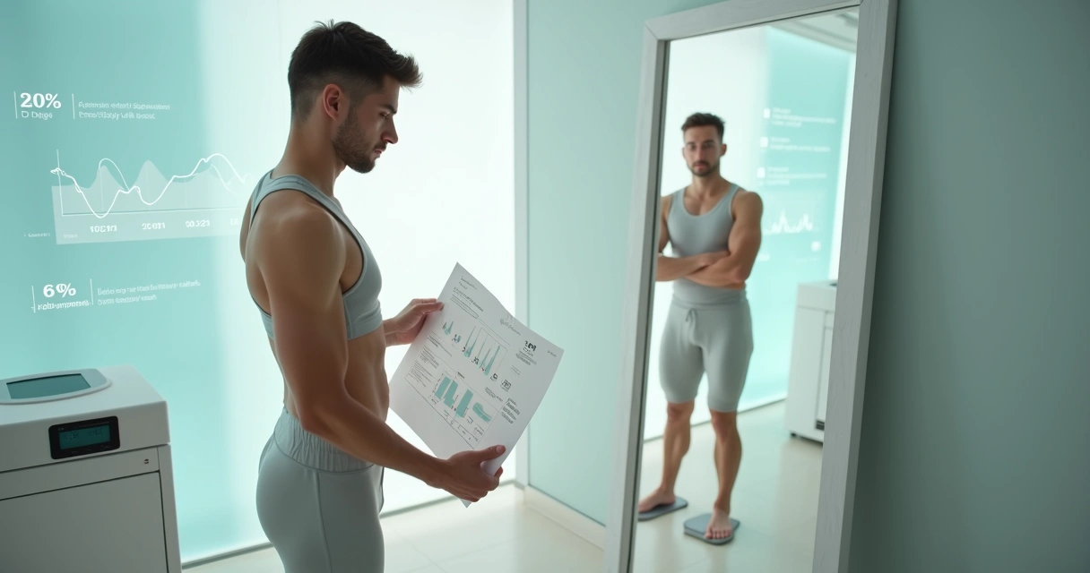 Pessoa comparando resultado de bioimpedância com sua imagem no espelho 