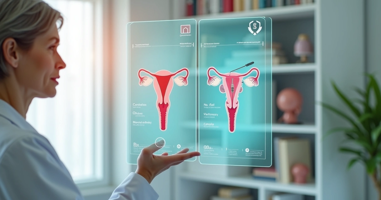 Médico segura painéis comparando técnicas de biópsia cervical em consultório ginecológico 