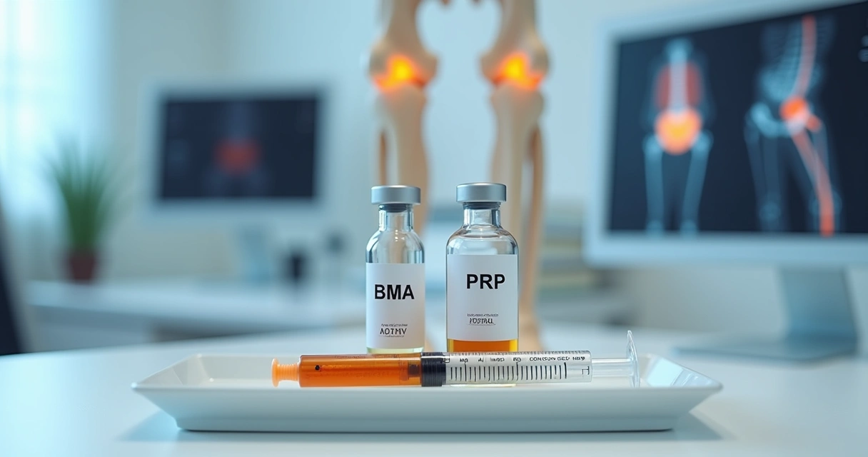 Seringas representando BMA e PRP em contexto ortopédico 