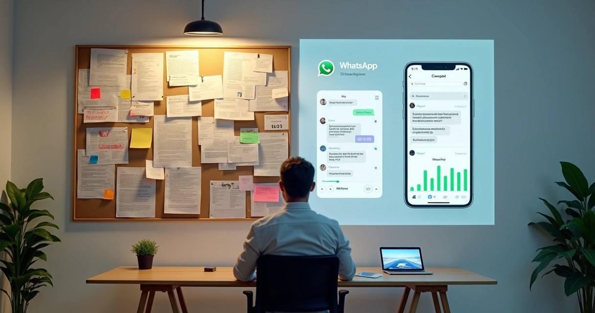 Mural dividido mostrando pilha de boletos e tela de celular com cobrança automática 