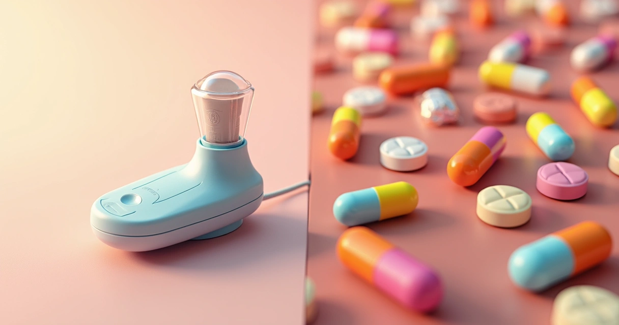 Comparação visual entre bomba peniana e medicamentos, cada um de um lado 