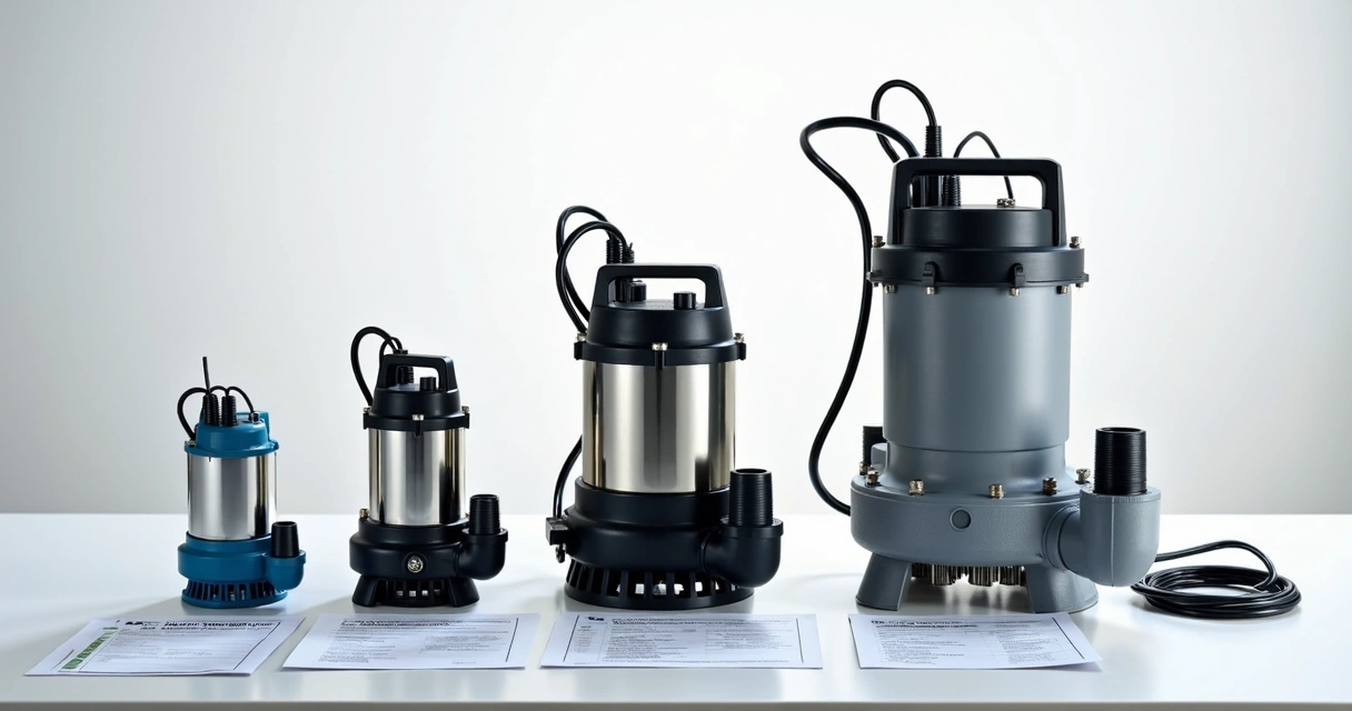 Três bombas submersas lado a lado, de diferentes tamanhos 