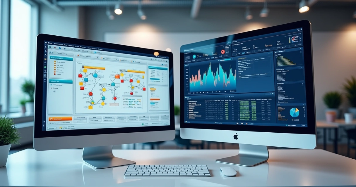 Tela dividida mostrando BPMS com fluxos de aprovação e ERP com gestão financeira e estoque, fundo claro com gráficos e ícones tecnológicos 