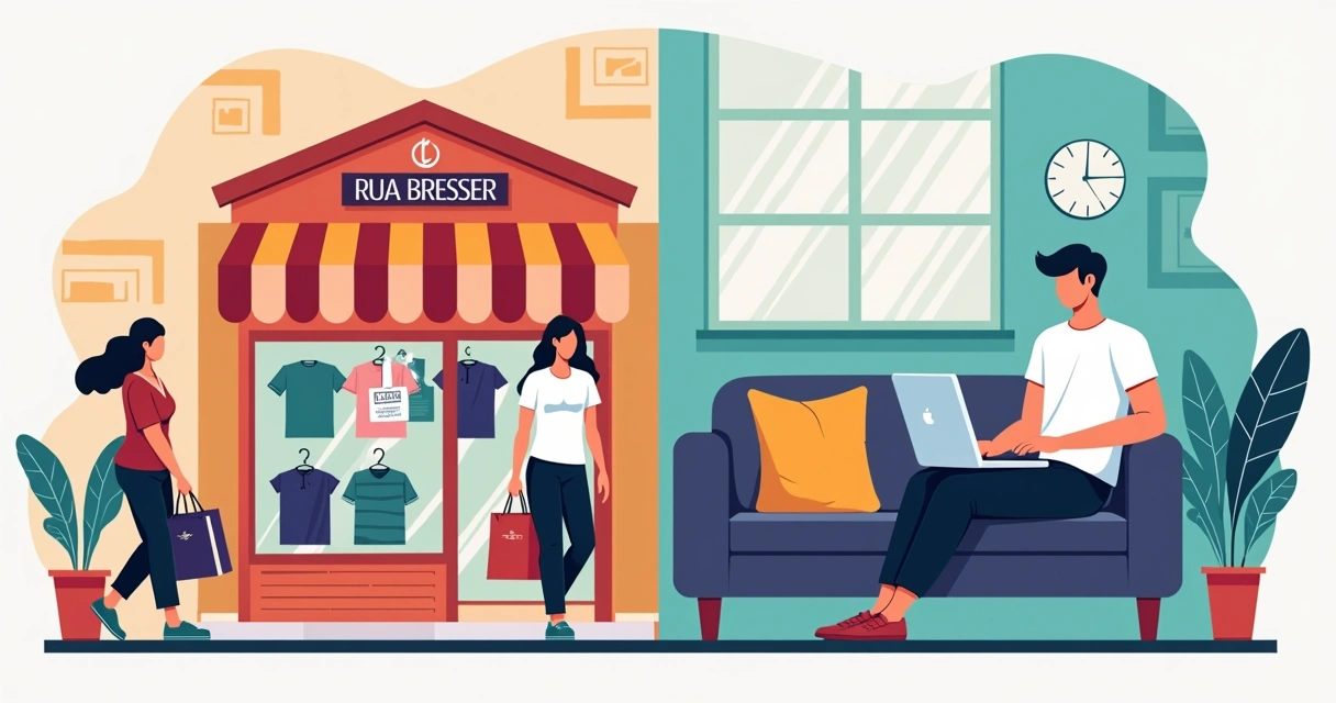 Comparação visual entre compra de camisetas na Rua Bresser e opção online 