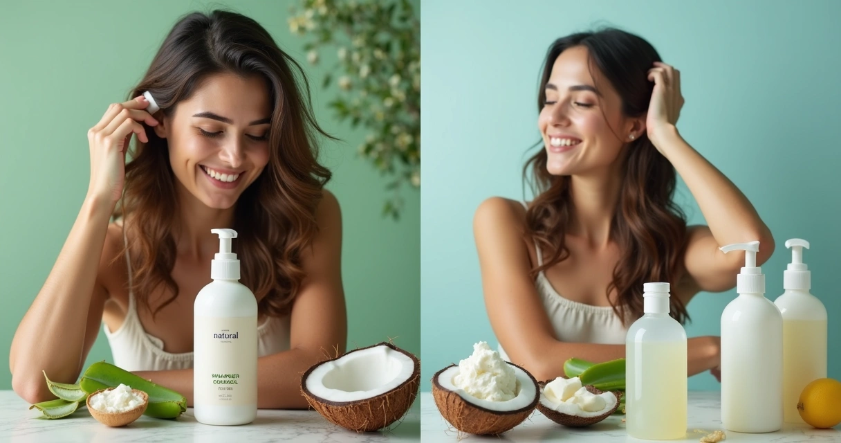 Cabelos sendo tratados com produtos naturais e convencionais lado a lado 